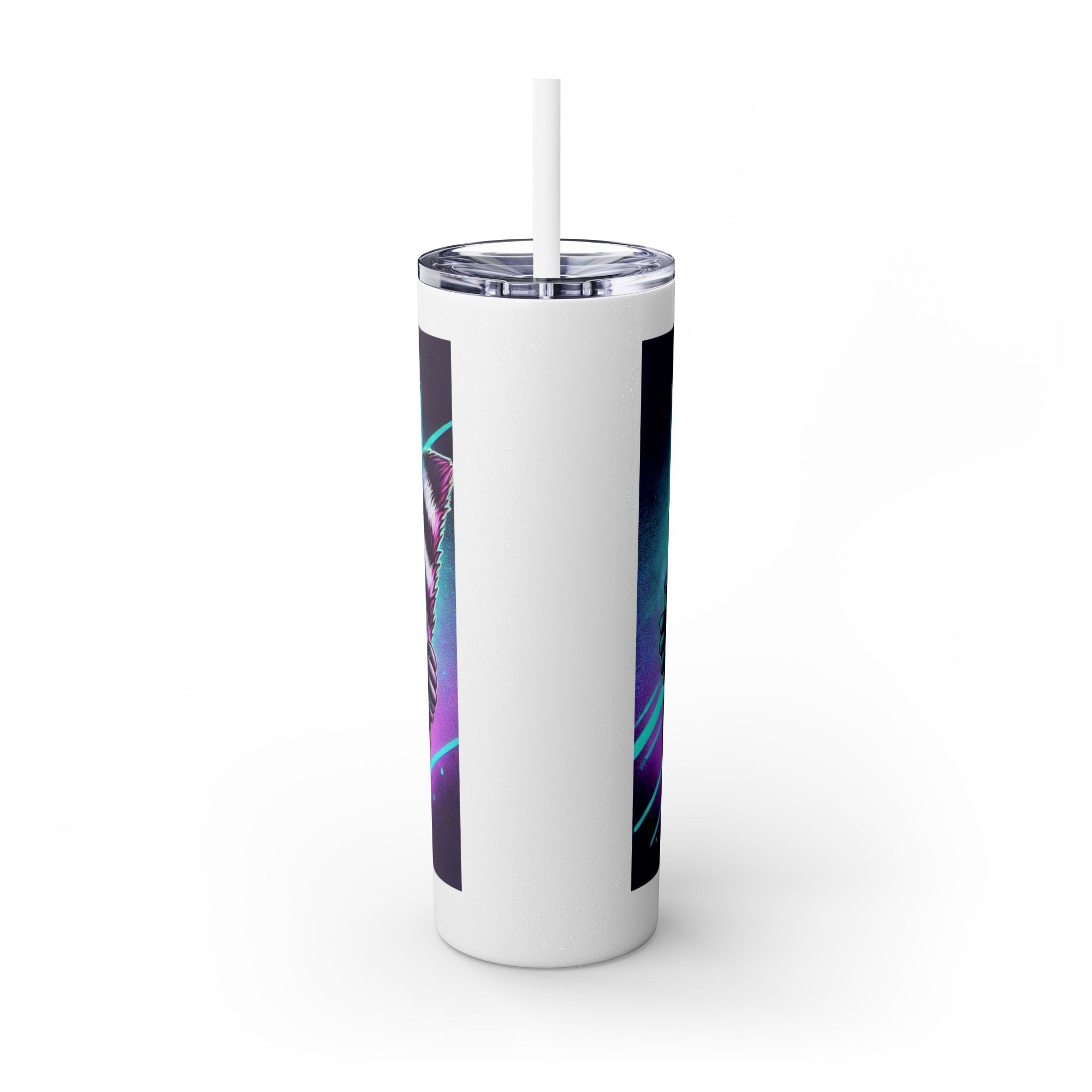 20oz Skinny Tumbler – Neon Gamer Raccoon Design with Straw (KSUE8)