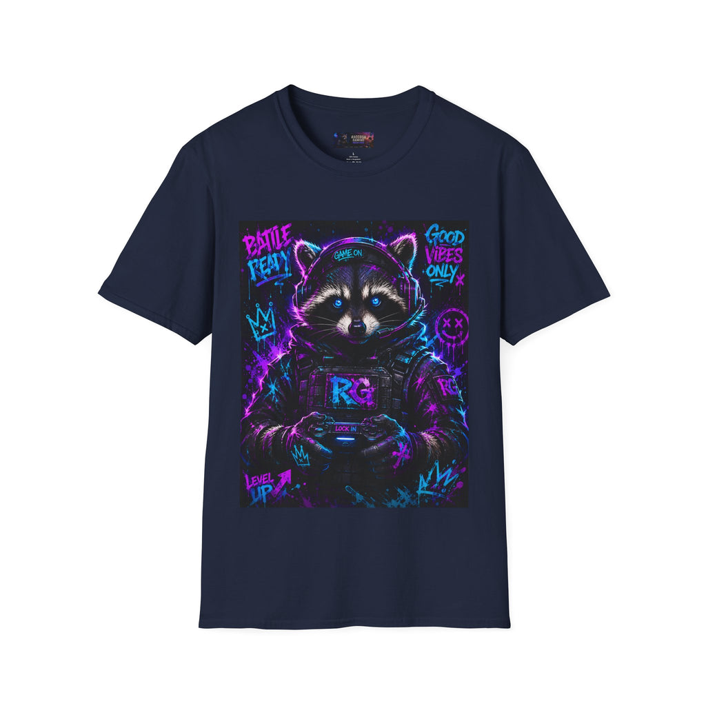 Raccoon Neon Graphic T-Shirt — "Good Vibes Only" Retro Gamer Streetwear