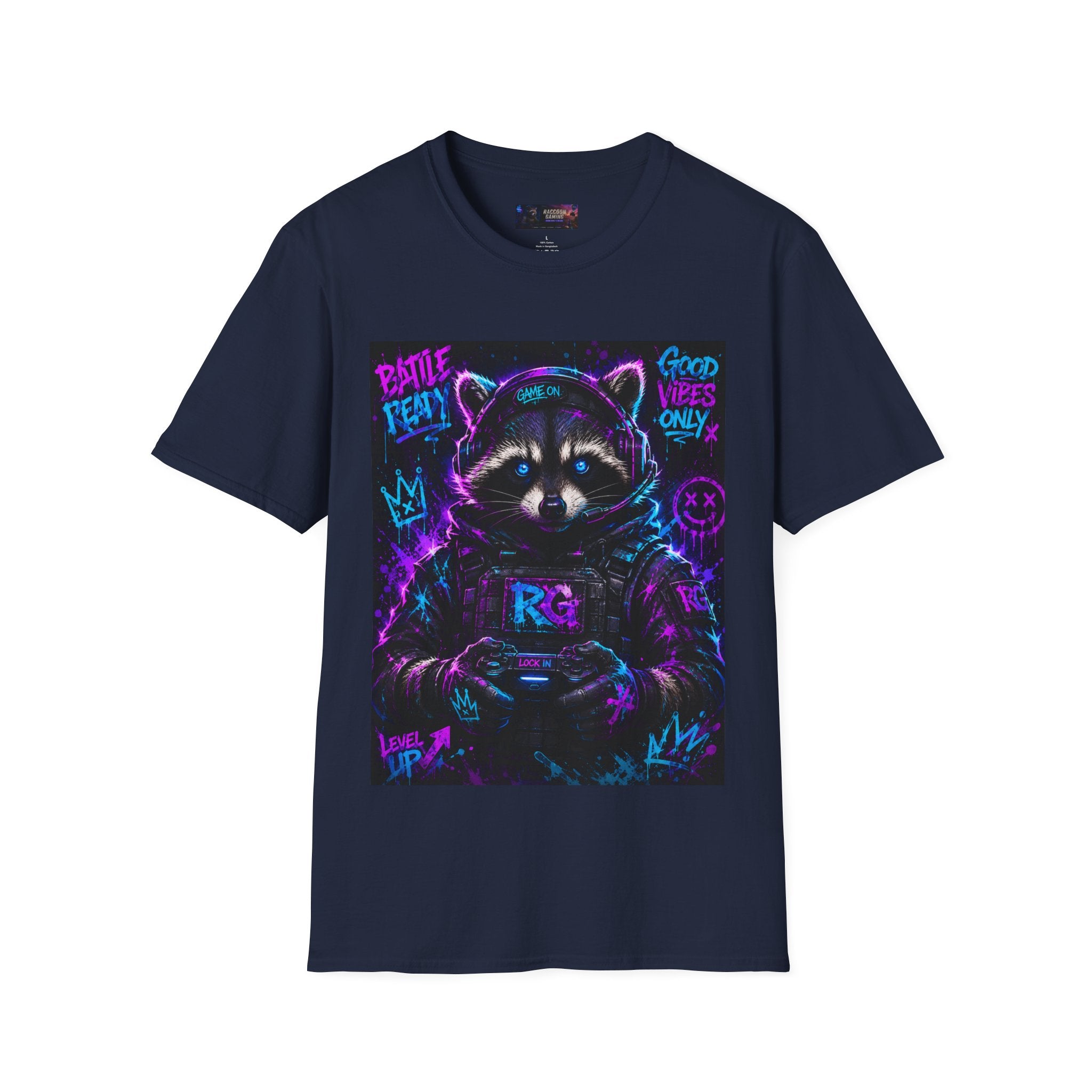 Raccoon Neon Graphic T-Shirt — "Good Vibes Only" Retro Gamer Streetwear
