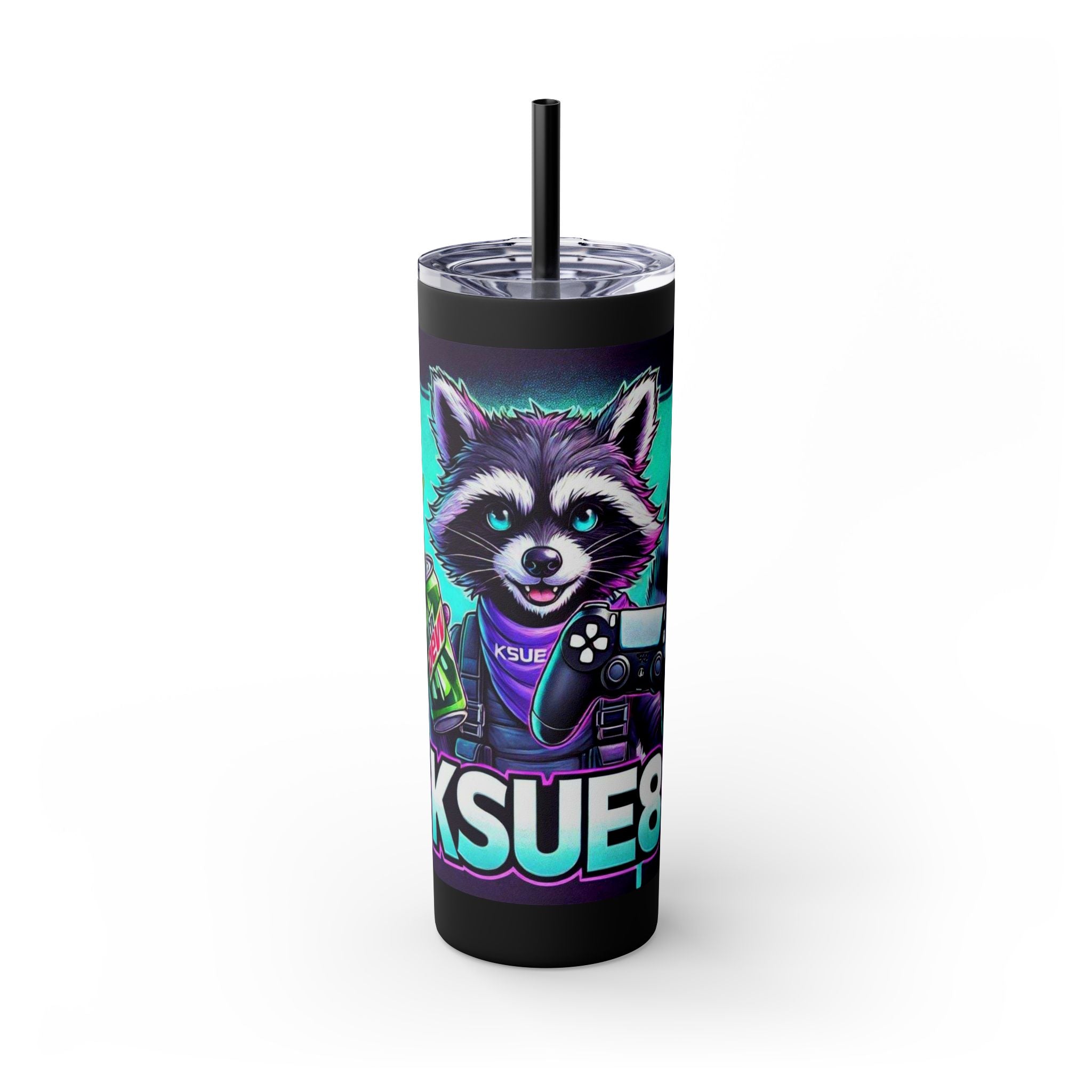 20oz Skinny Tumbler – Neon Gamer Raccoon Design with Straw (KSUE8)