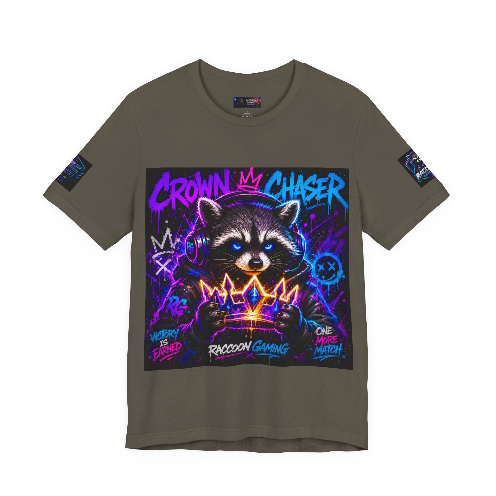 Crown Chaser Raccoon Gaming Tee — "Every Match is Earned" Gamer T-Shirt