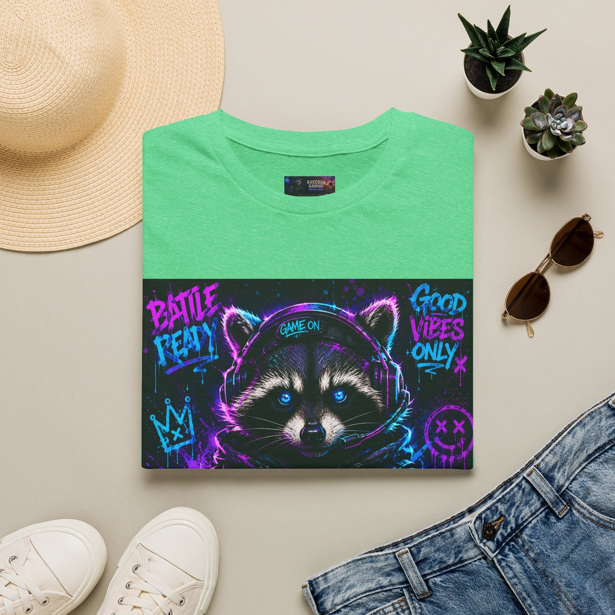 Raccoon Neon Graphic T-Shirt — "Good Vibes Only" Retro Gamer Streetwear
