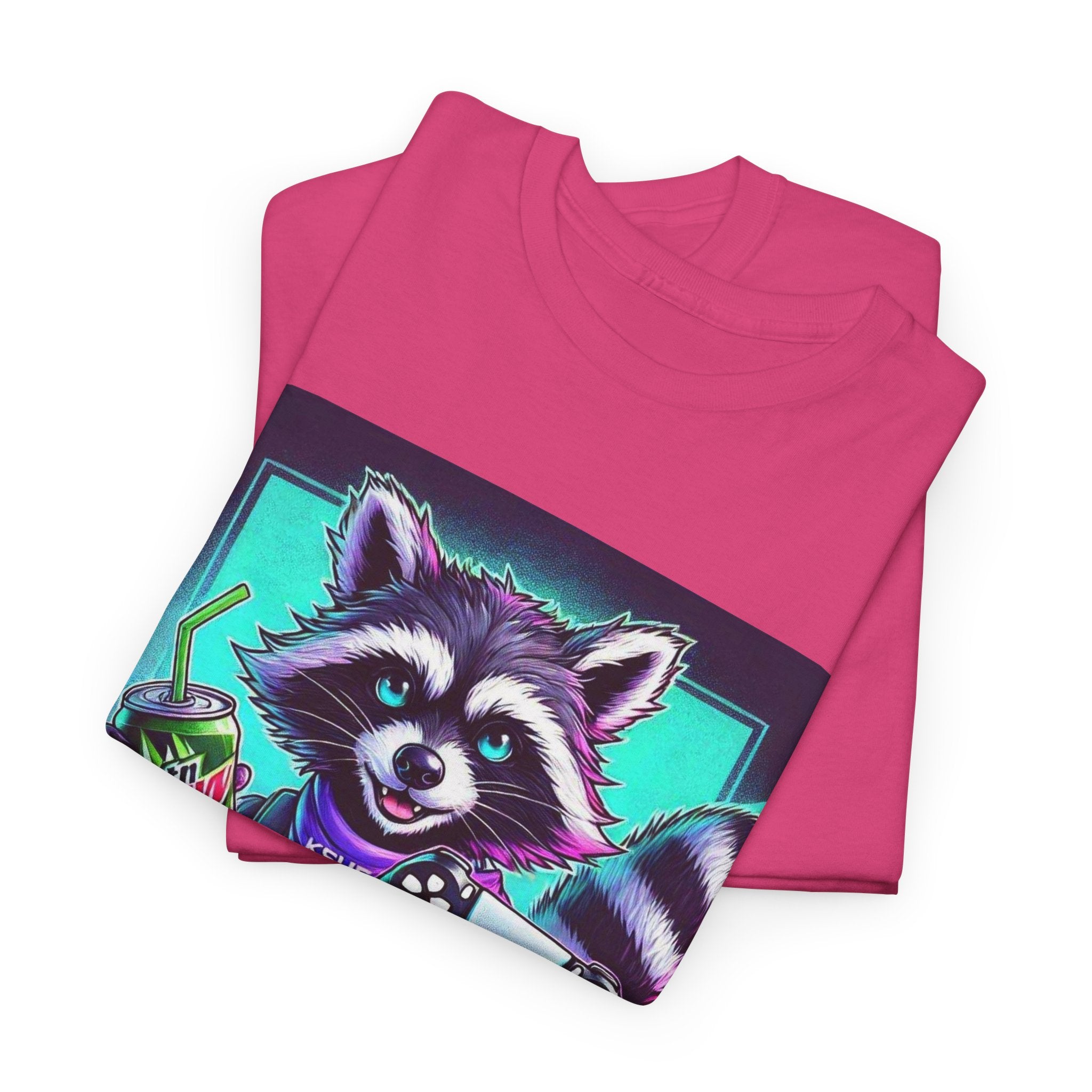 Raccoon Gamer Graphic Tee — 'KSUE8' Neon Retro Gaming T-Shirt