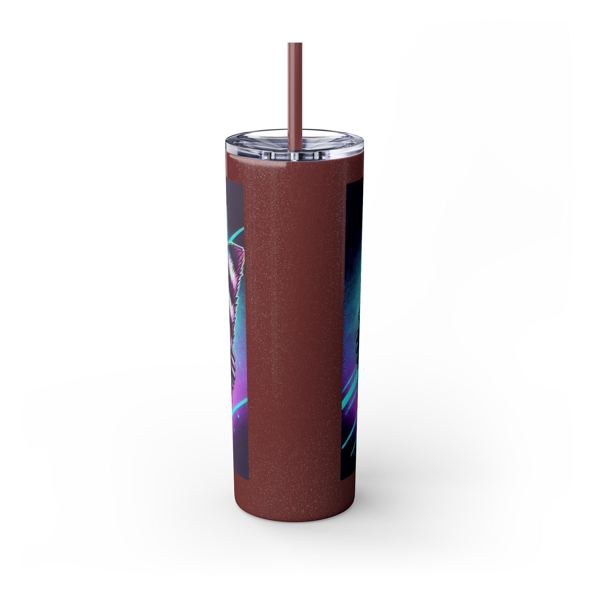 20oz Skinny Tumbler – Neon Gamer Raccoon Design with Straw (KSUE8)