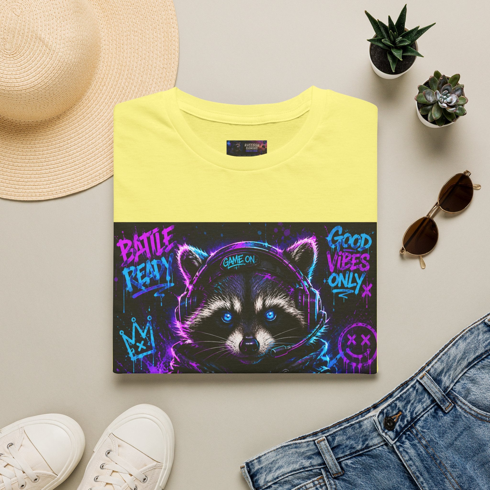 Raccoon Neon Graphic T-Shirt — "Good Vibes Only" Retro Gamer Streetwear